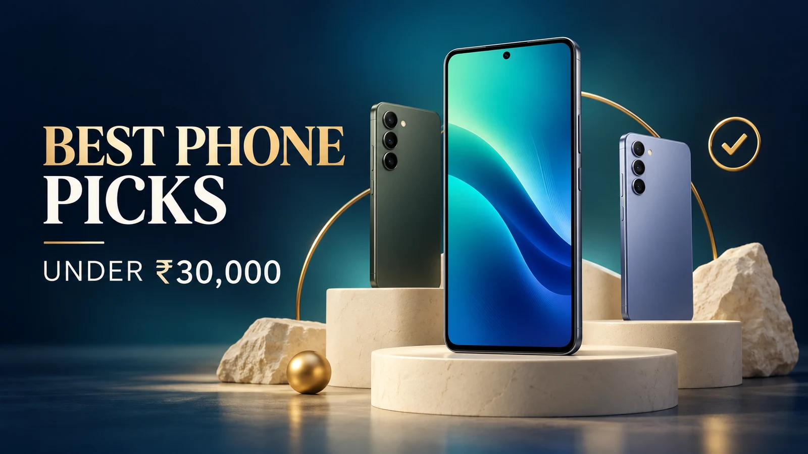 Editorial illustration of generic smartphones with the headline Best Phone Picks Under ₹30,000.
